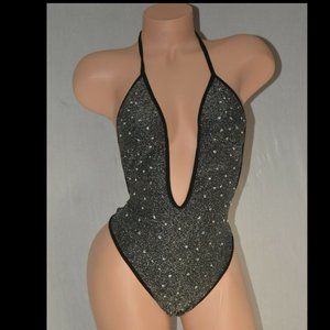 Silver Glitter on Black Jeweled Rhinestone One-Piece Romper